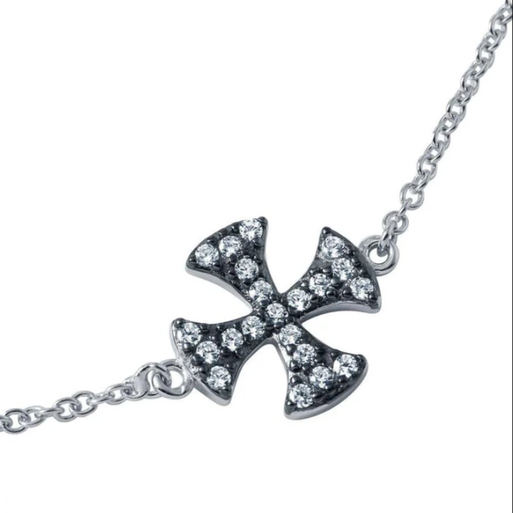 Sterling Silver 925 Rhodium Plated CZ Iron Cross Chain Bracelet 7 inches